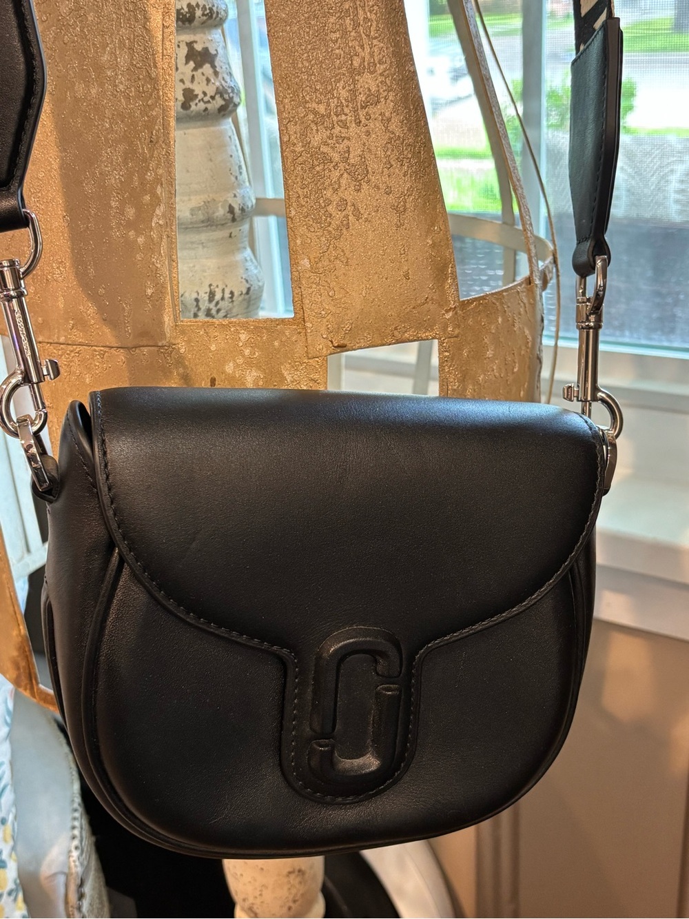 Marc Jacobs Black Leather Crossbody Saddle Bag with Silver Hardware